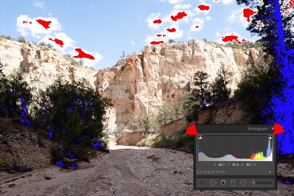 How to fix overexposed photos in Lightroom: clipping indicators in histogram panel