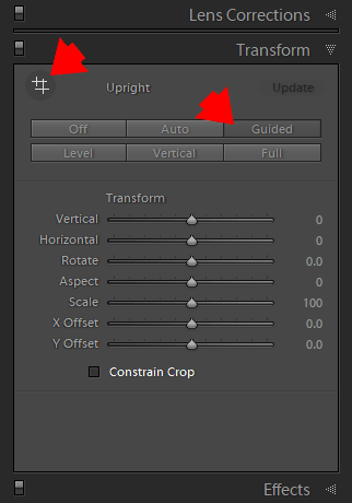 Use the Guided Upright Tool in the Transform Panel for advanced geometry adjustments