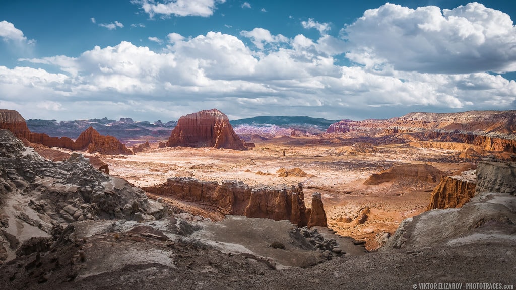 Wide angle shot of the Cathedral Valley in the Capitol Reef National Park