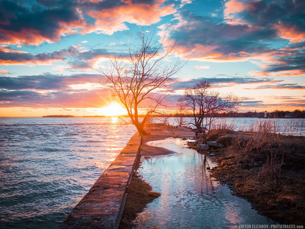 Urban landscape: sunset photo of Saint Lawrence river in Montreal, Canada