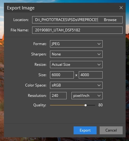 Luminar 4, Export Panel Settings