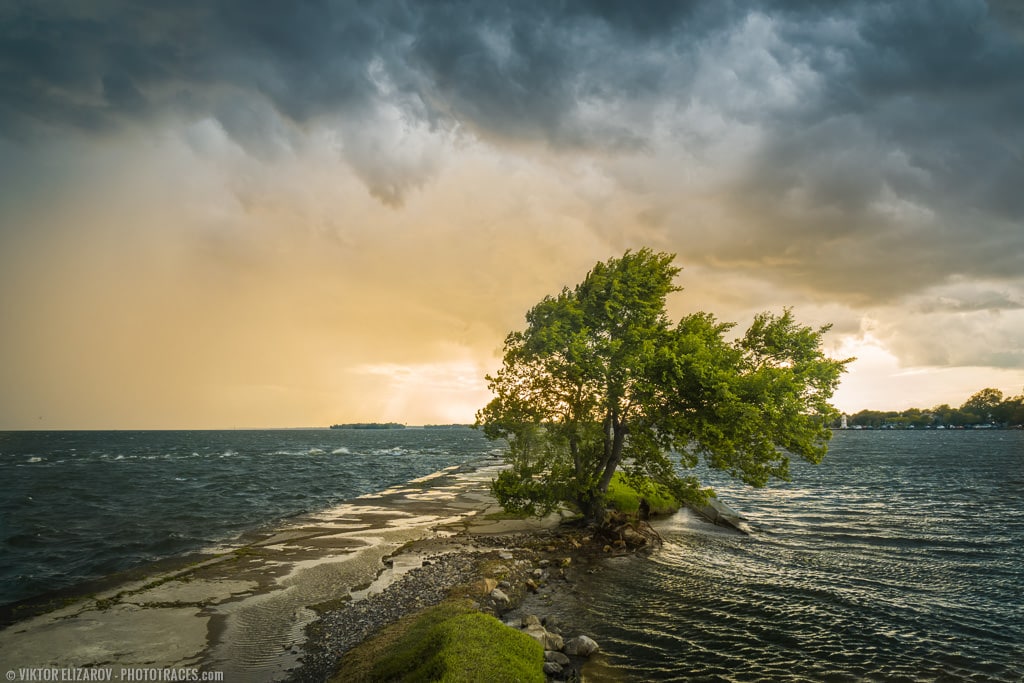 Stormy sky at Saint Lawrence rive at golden hour in Montreal