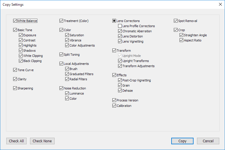 Atalhos de teclado do Lightroom - Copiar/Colar configurações de desenvolvimento