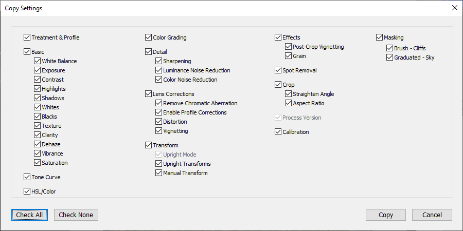 Copy Settings Window in the Develop Module