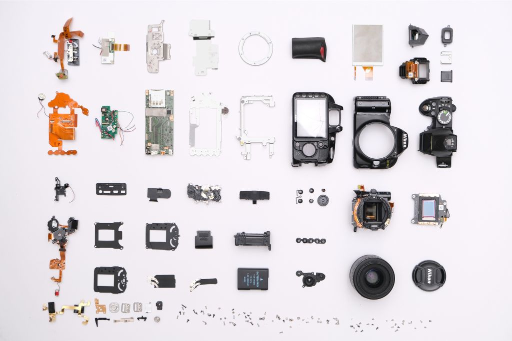 Camera parts: Disassembled Nikon camera